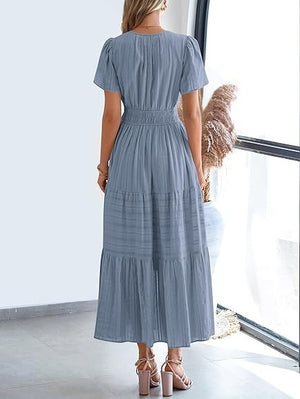 V-neck, Gathered, Puff Sleeve, Full Skirt, Short-sleeved Long Dress