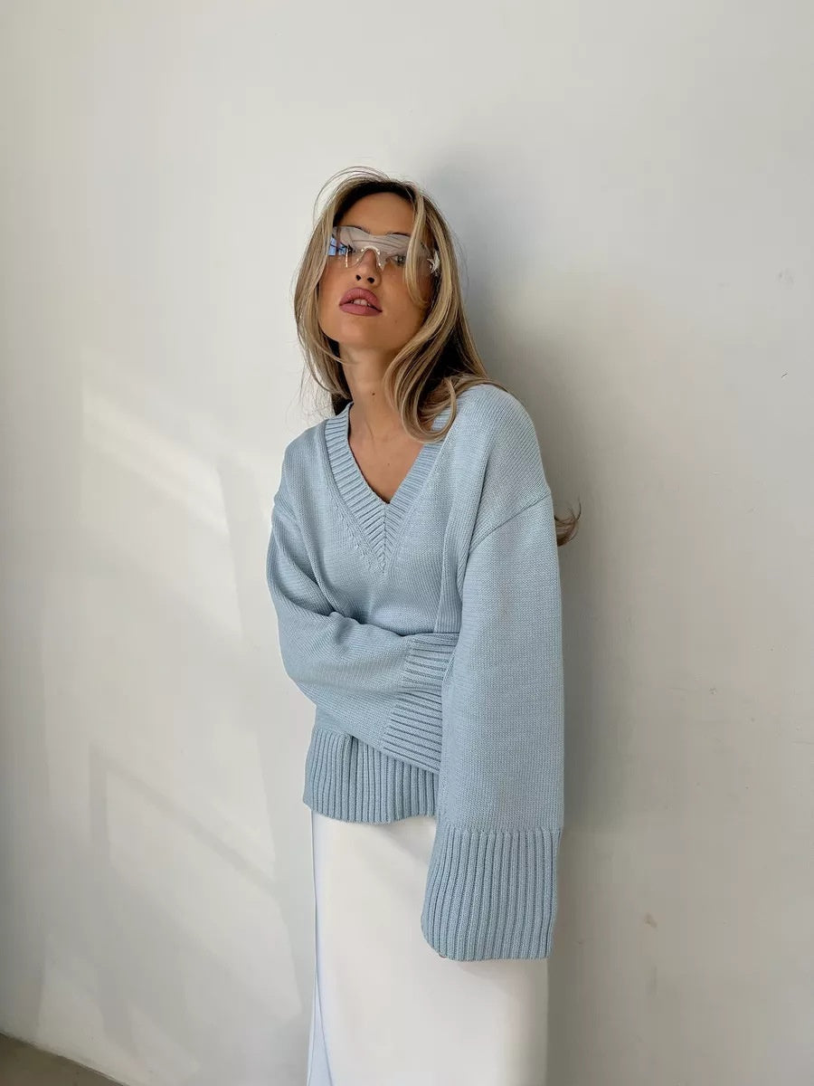 Solid Color Hood Knitting V-neck Flared Sleeves Sweaters