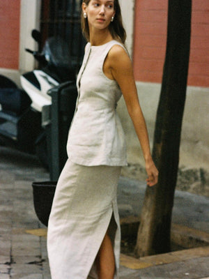 Flax High-waisted Sleeveless Vest Skirts Set 2-piece Sets