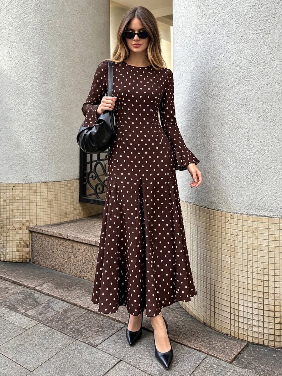 Mermaid Maxi Dress, New Autumn Style, Elegant And Suitable For Commuting, Fitted Waist, Flared Sleeves, Polka Dot. Maxi Dresses