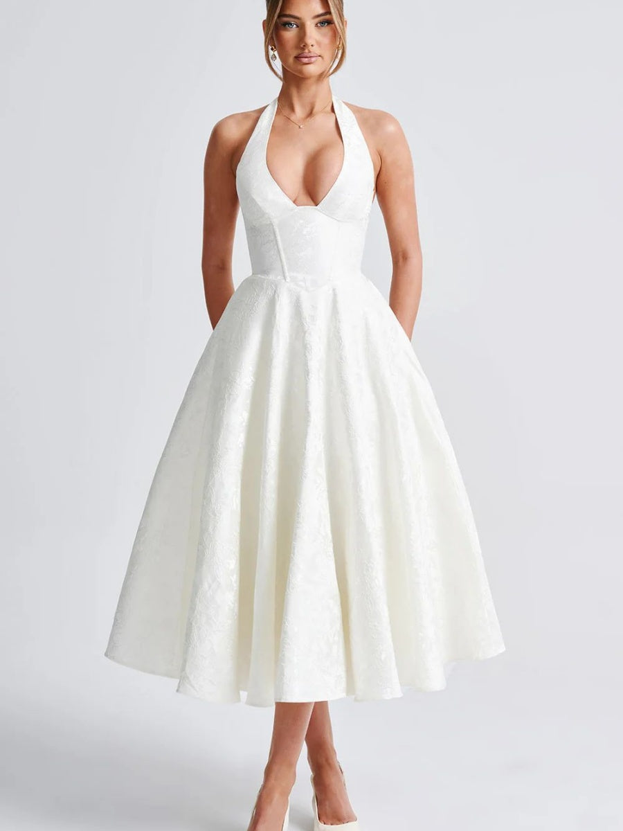 Halter Neck Jacquard Dress, High-end Evening Gown Elegant Sleeveless Backless Fitted Waist Midi Dress