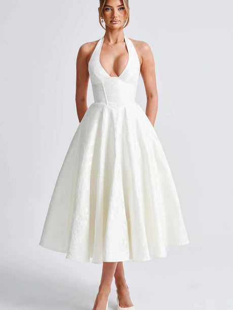 Halter Neck Jacquard Dress, High-end Evening Gown Elegant Sleeveless Backless Fitted Waist Midi Dress