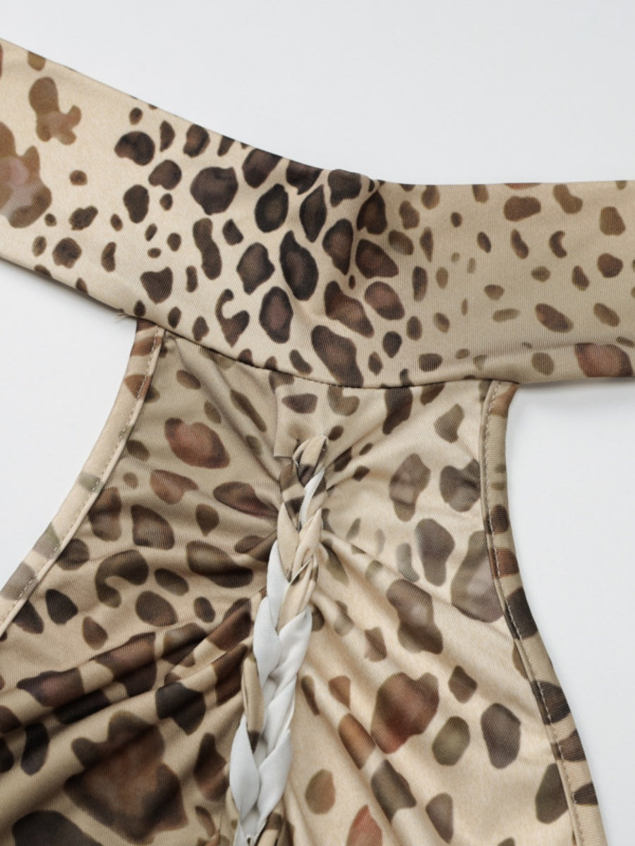 Backless, Fitted, Halter-neck, Irregular Leopard Print Long Dress