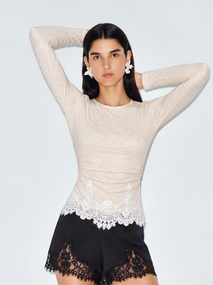 Zippered Long-sleeved Slim-fit Lace-trimmed Long-sleeved T-shirt