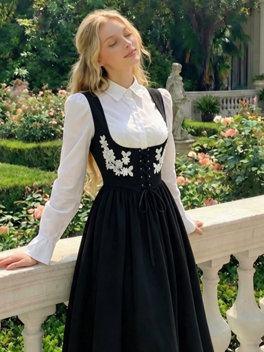 Straps Splicing Lace Sweet Retro Midi Dresses