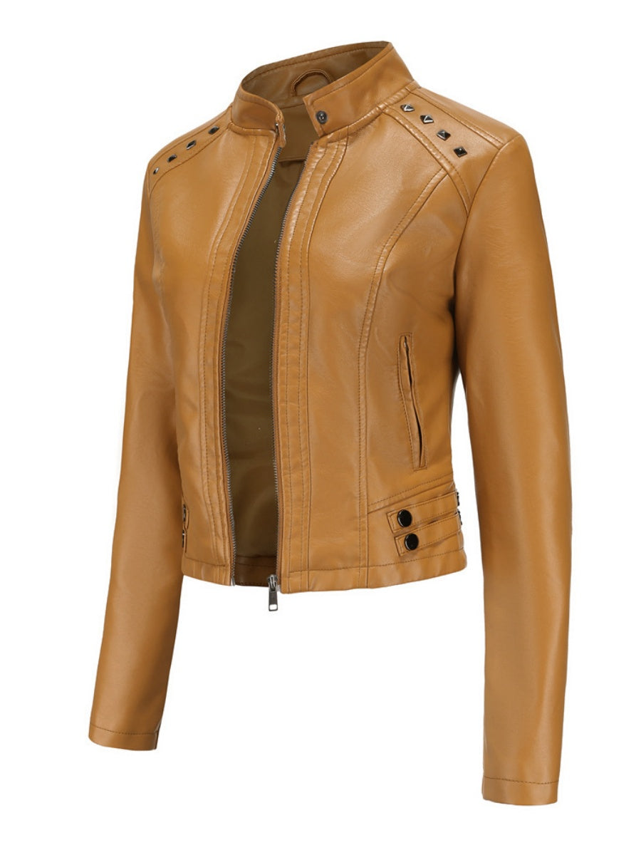 Studs Long Sleeve Stand Collar PU Leather Jackets