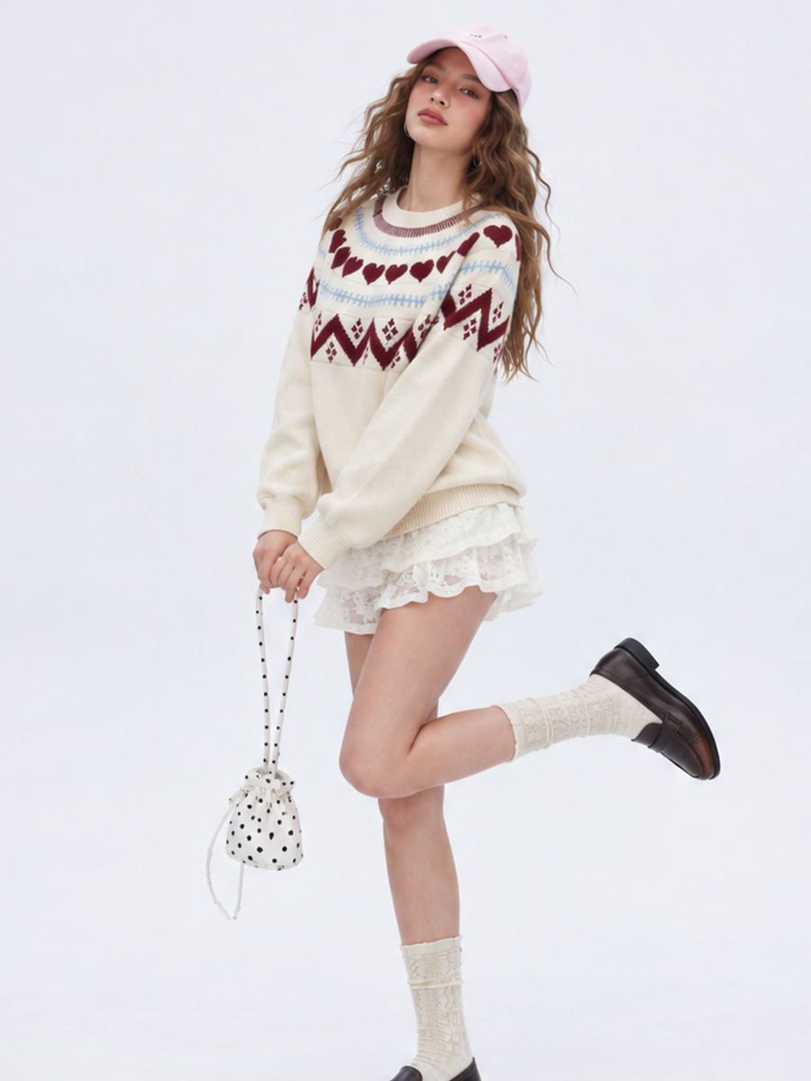 Heart-patterned Jacquard Inner Knitted Pullover Long-sleeved Thick Christmas Sweater