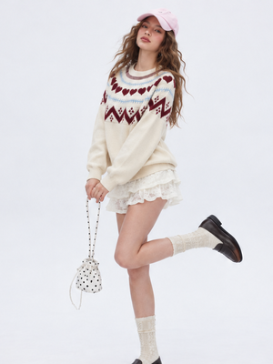 Heart-patterned Jacquard Inner Knitted Pullover Long-sleeved Thick Christmas Sweater