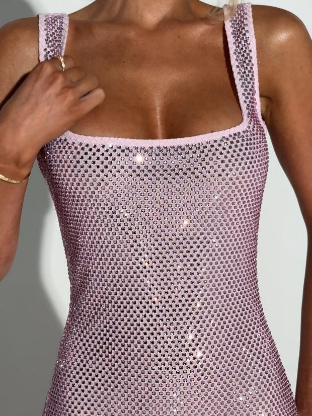 Sexy Double-strap Sequined Rhinestone Halter Top With Cinched Waist And Bodycon Silhouette Long Dress