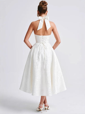 Halter Neck Jacquard Dress, High-end Evening Gown Elegant Sleeveless Backless Fitted Waist Midi Dress