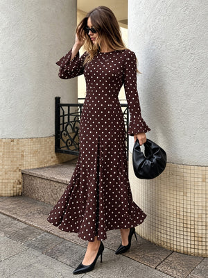 Mermaid Maxi Dress, New Autumn Style, Elegant And Suitable For Commuting, Fitted Waist, Flared Sleeves, Polka Dot. Maxi Dresses