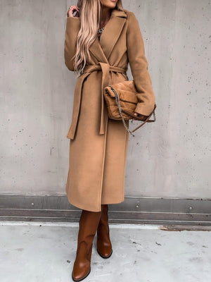 Solid Color Lapel Long Sleeve Woolen Simple Tie Coats