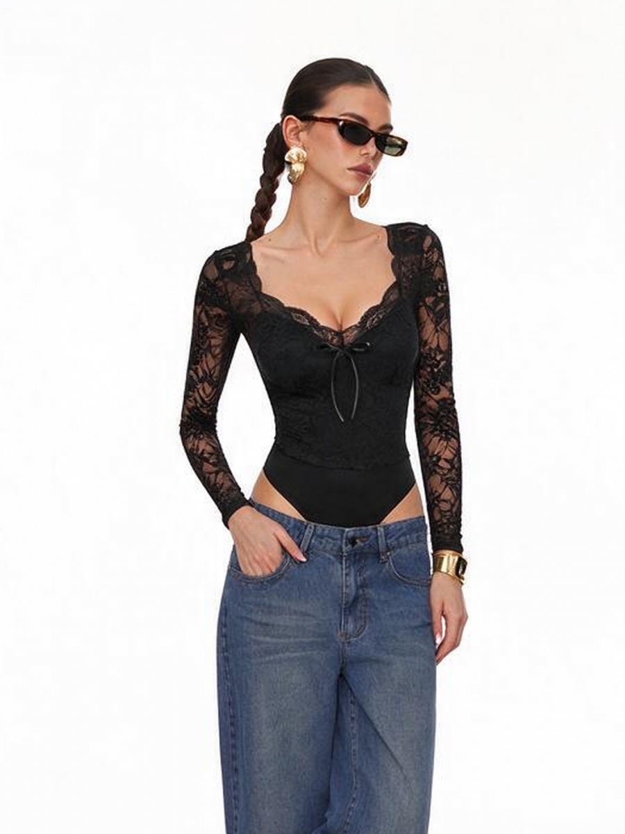 Black V-neck Long-sleeved Top With Lace Trim Jumpsuits&Bodysuits