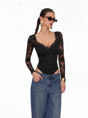 Black V-neck Long-sleeved Top With Lace Trim Jumpsuits&Bodysuits