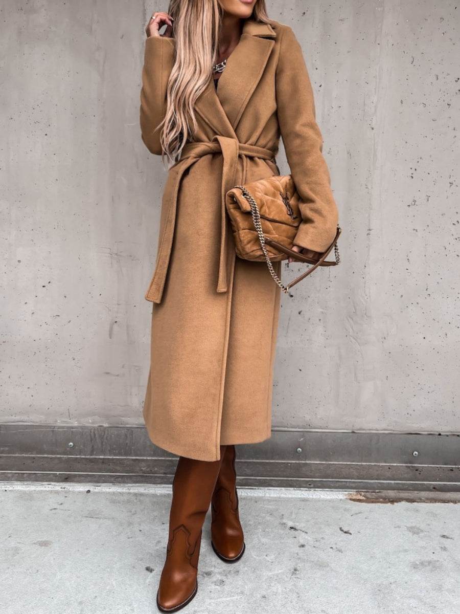 Solid Color Lapel Long Sleeve Woolen Simple Tie Coats