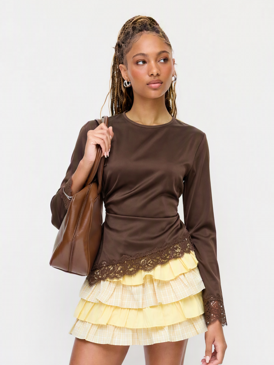 Irregularly Spliced Lace Trim Base Layer Flared Long Sleeve Tie Waist Hollowed-out Shirt T-shirt