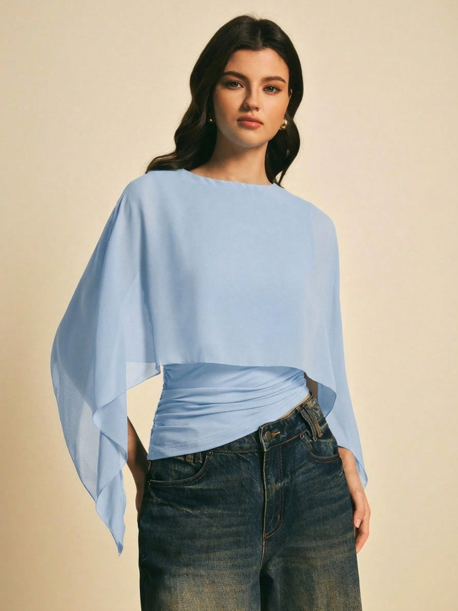 Cape-sleeve T-shirt, Round Neck, Loose Chiffon Cover-up, Elegant Irregular Top/T-shirt