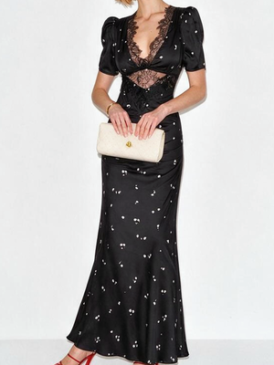 Floral Satin Maxi Dress With Sexy V-neck And Lace Trim Midi Dresses