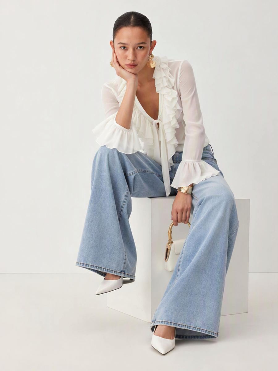 French Elegant Ruffles Solid Color Blouse&Shirts