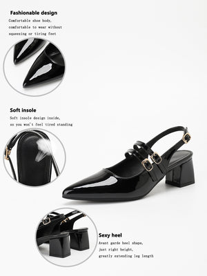 Metal Buckle Pointed Toe Open Back Chunky Heel Mary Jane Shoes