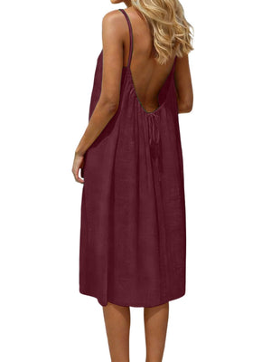 Ice Silk Linen Backless Halter Solid Color Midi Dress
