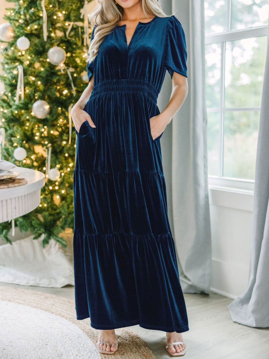 Splicing Short Sleeve Velvet Maxi Dresses