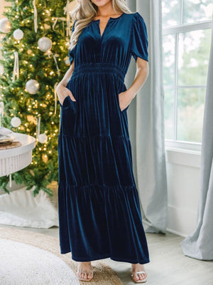 Splicing Short Sleeve Velvet Maxi Dresses