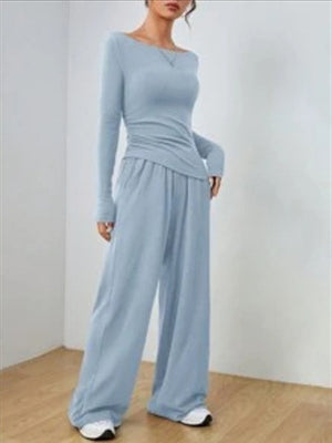 Pocket Solid Color Large Round Neck Long Sleeve Pants 2-piece Sets