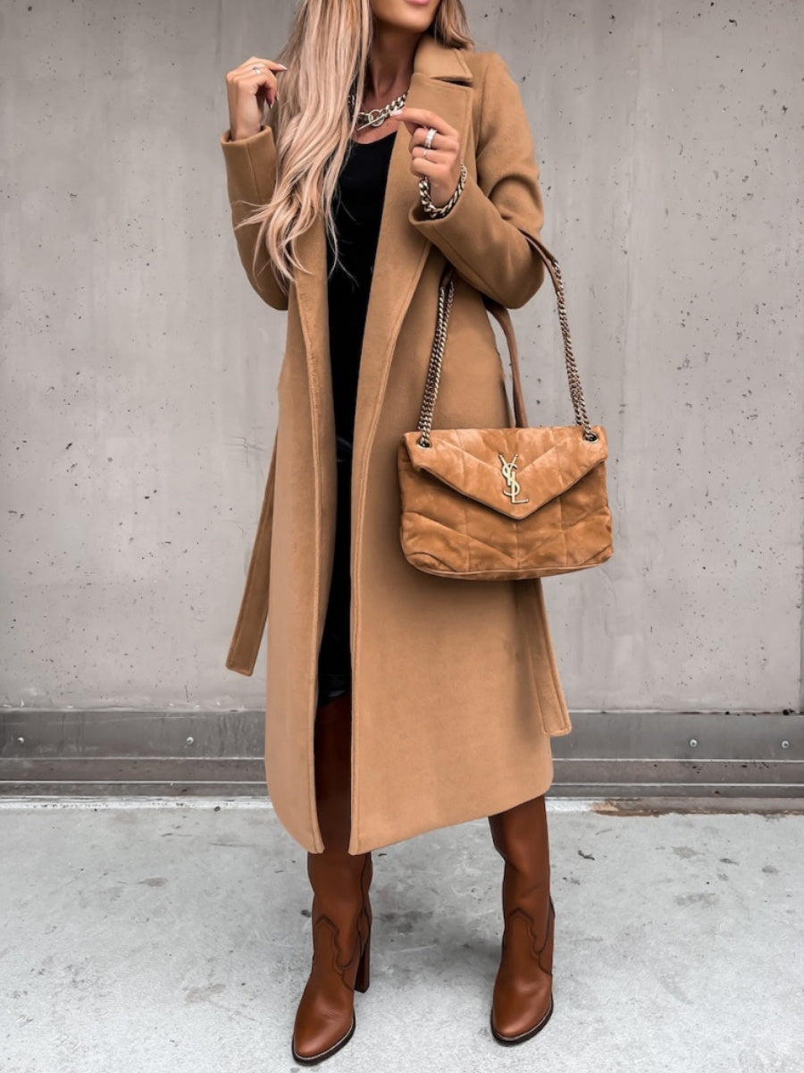 Solid Color Lapel Long Sleeve Woolen Simple Tie Coats