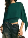 Cape-sleeve T-shirt, Round Neck, Loose Chiffon Cover-up, Elegant Irregular Top/T-shirt