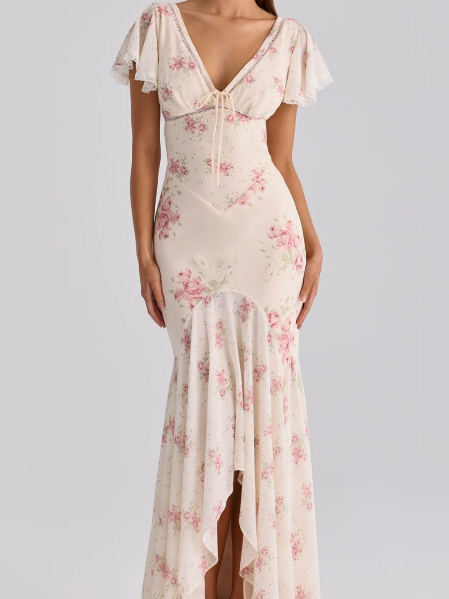 Romantic Floral Lace Patchwork Waist-cinching V-neck Fishtail Long Dress