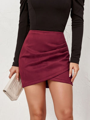 Suede Solid Color Hip Irregular Pleats Zipper Short Skirts