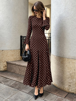 Mermaid Maxi Dress, New Autumn Style, Elegant And Suitable For Commuting, Fitted Waist, Flared Sleeves, Polka Dot. Maxi Dresses
