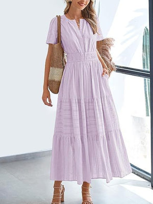V-neck, Gathered, Puff Sleeve, Full Skirt, Short-sleeved Long Dress