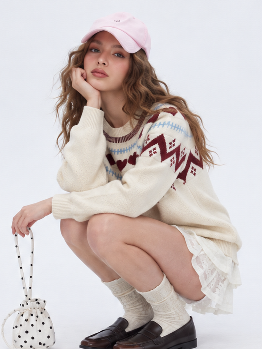 Heart-patterned Jacquard Inner Knitted Pullover Long-sleeved Thick Christmas Sweater
