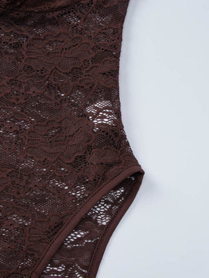Two-piece Set: Patchwork Off-shoulder Backless Bodysuit With Sheer Lace Slit Maxi Skirt
