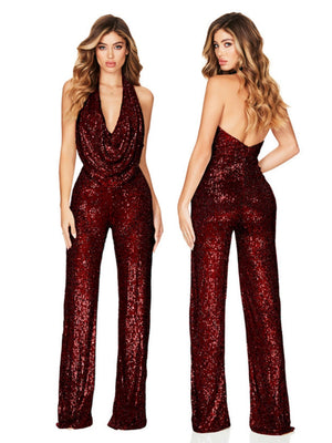 Sleeveless Halter Sequined Jumpsuit