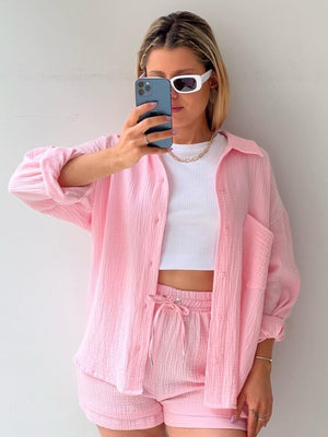 Long-sleeved Shirt And High-waisted Drawstring Shorts Casual Two-piece Set