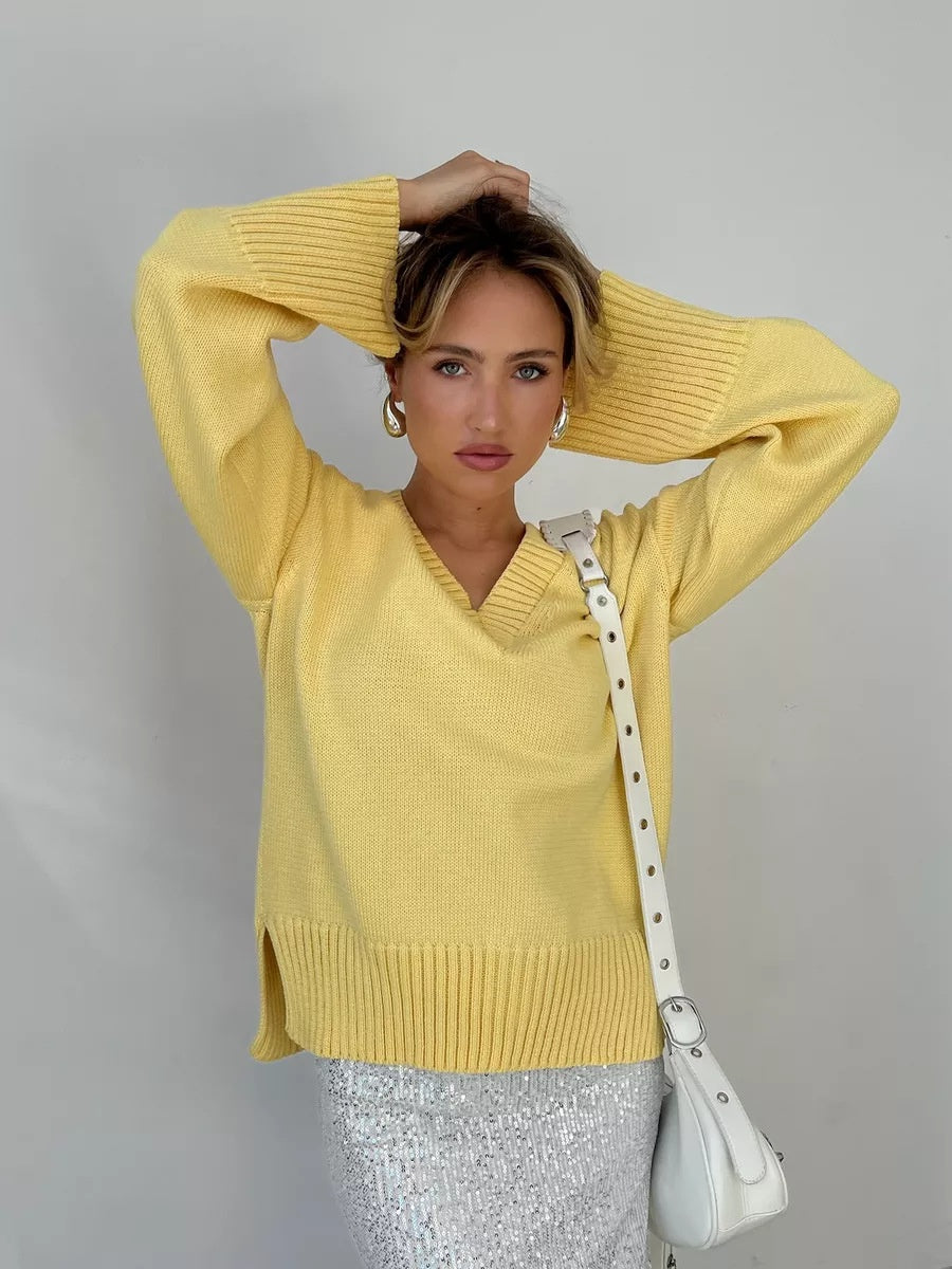 Solid Color Hood Knitting V-neck Flared Sleeves Sweaters