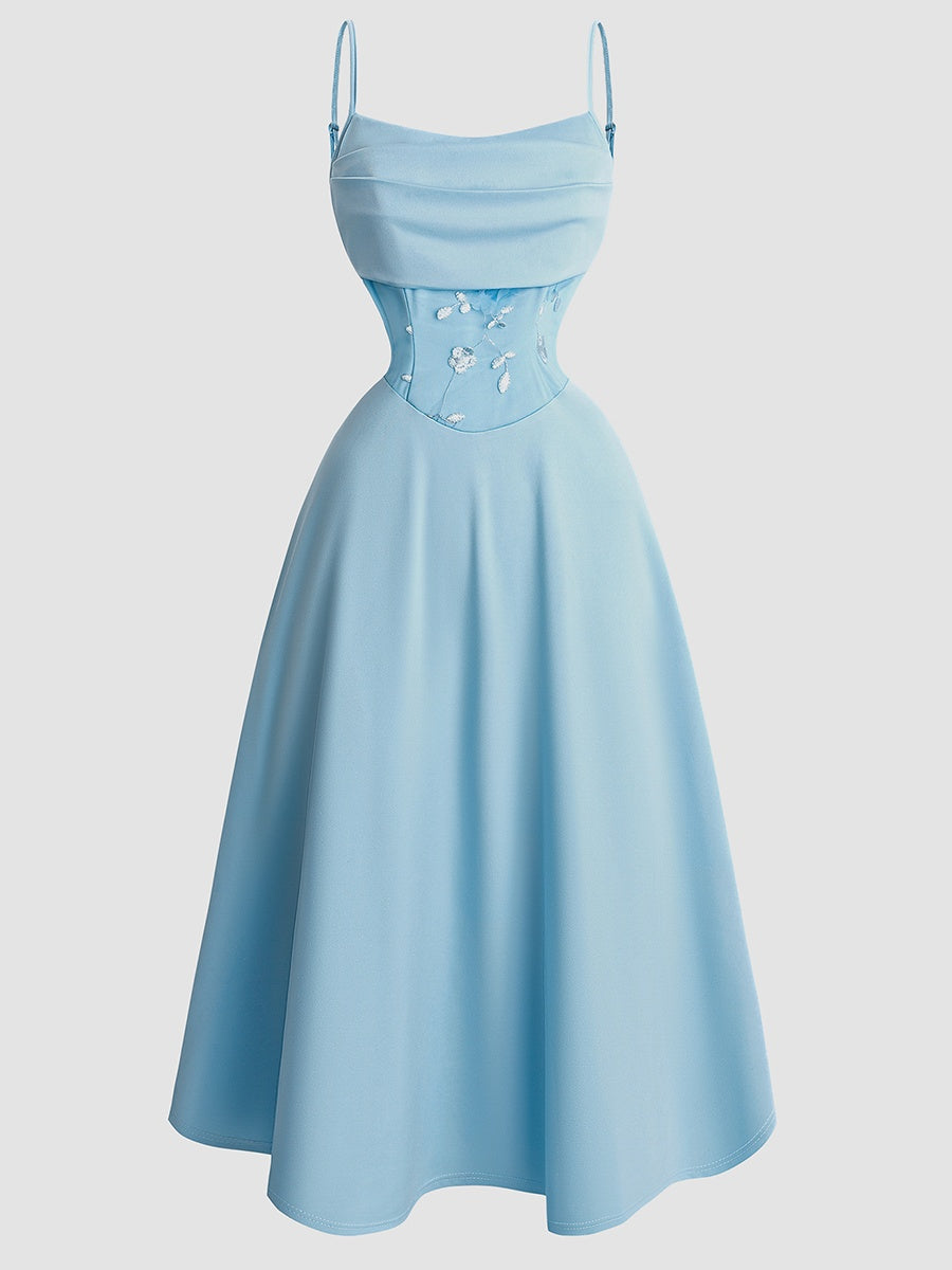 Sweet Romantic Blue Camisoles Applique 3D Flowers Waist Shaping Midi Dresses