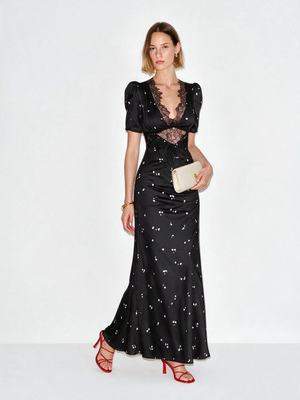Floral Satin Maxi Dress With Sexy V-neck And Lace Trim Midi Dresses