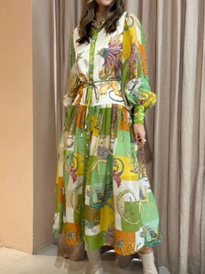 Botanical Floral Prints Balloon Sleeve Lapel Waist Long Sleeve Maxi Dresses