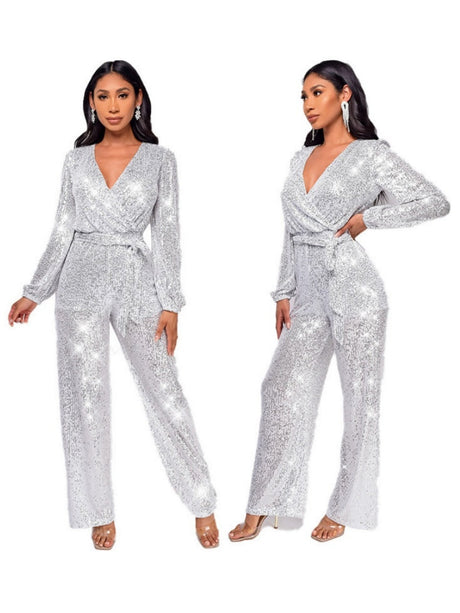 Deep V Long Sleeve Belt Sequins Jumpsuit