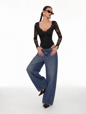 Black V-neck Long-sleeved Top With Lace Trim Jumpsuits&Bodysuits