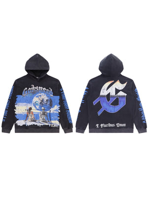 Rock Washed And Aged Printed Hooded Sweatshirt