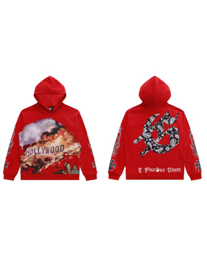 Rock Washed And Aged Printed Hooded Sweatshirt