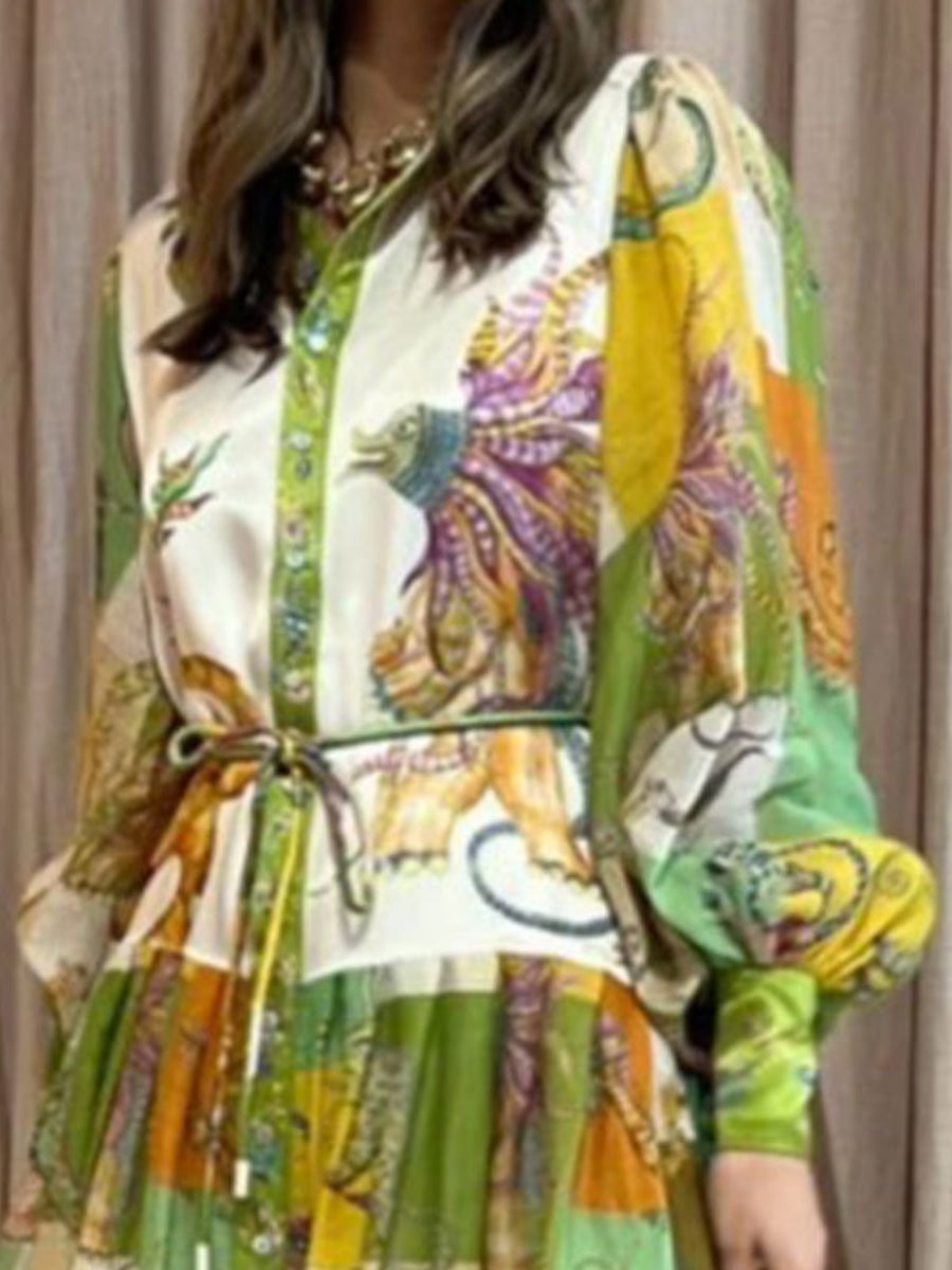 Botanical Floral Prints Balloon Sleeve Lapel Waist Long Sleeve Maxi Dresses