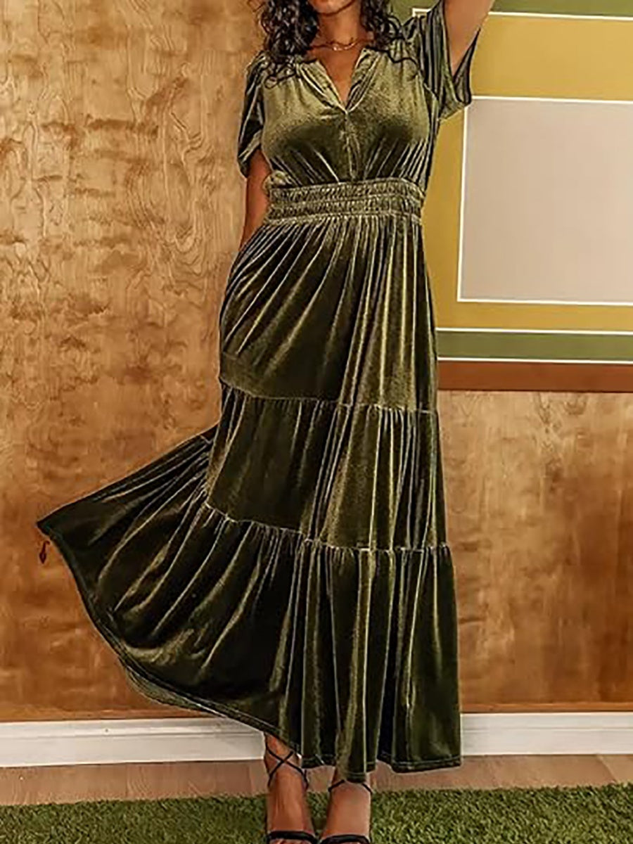 Splicing Short Sleeve Velvet Maxi Dresses