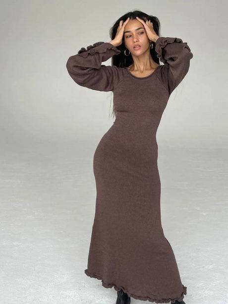 Robe maxi en maille Wood Ear, dos nu, coupe ajustée, taille haute, lacets, manches cloche