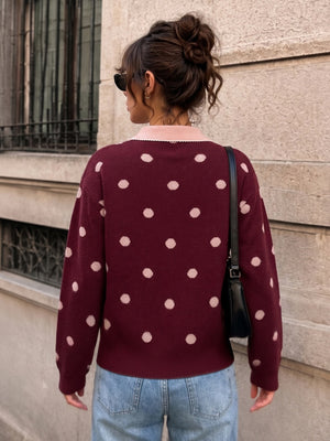 Polka Dot Color-blocked Collar Loose-fitting Short Sweater